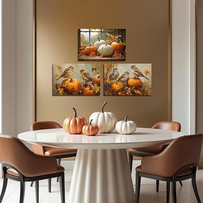 YMXDYMJSW Autumn Wall Art 3 Pieces Pumpkin with Sparrows Picture Prints Fall Harvest Birds Canvas Painting Thanksgiving Theme Artwork for Farmhouse Decor Frame (Gold,12.00" x 16.00" x 3PCS)