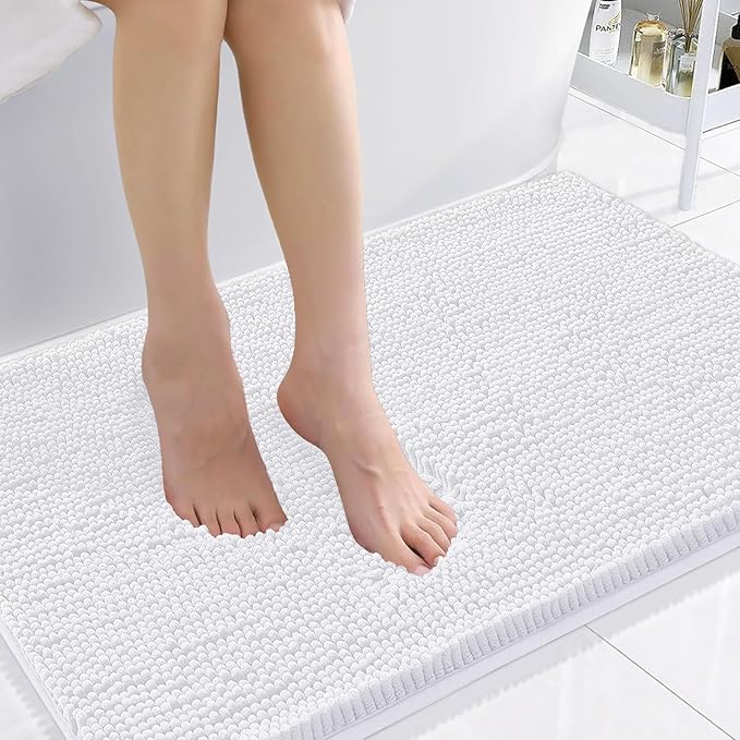 Smiry Luxury Chenille Bathroom Rugs 36x24, Extra Soft and Absorbent Shaggy Bath Mat, Machine Washable, Non-Slip Plush Carpet Runner for Tub, Shower, and Floor, Home Decor Accessories, White
