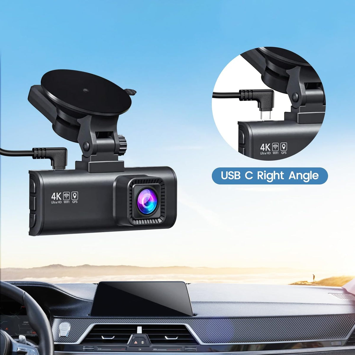 90-Degree 11.5ft weishan USB C Dash Cam Power Cord, USB to USB-C Charging Cable for Dashcam Rear View Mirror Camera