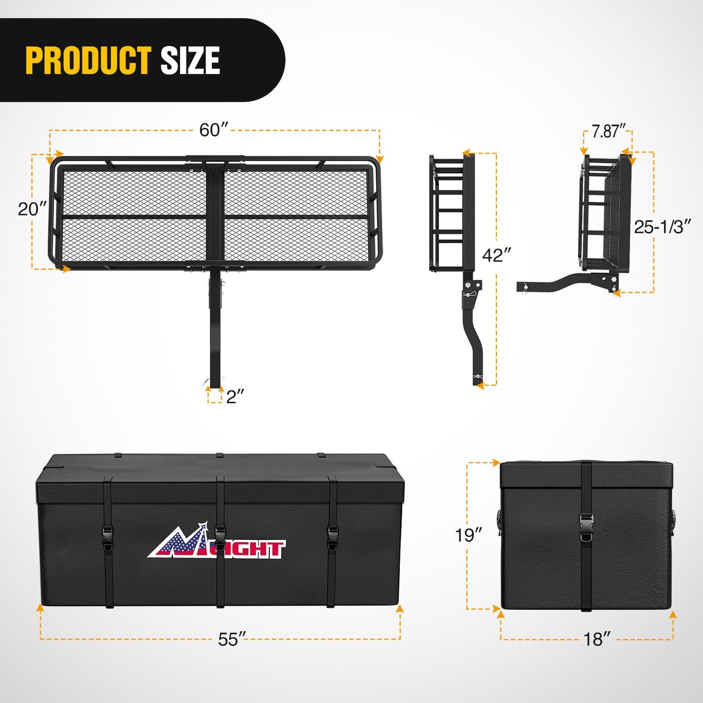 Nilight 60" x 20"x 7.87" Folding Carrier Fits 2-Inch Receiver 500 Lbs Capacity Bag Net Ratchet Straps Lock Stabilizer for SUV Pickup RV Van