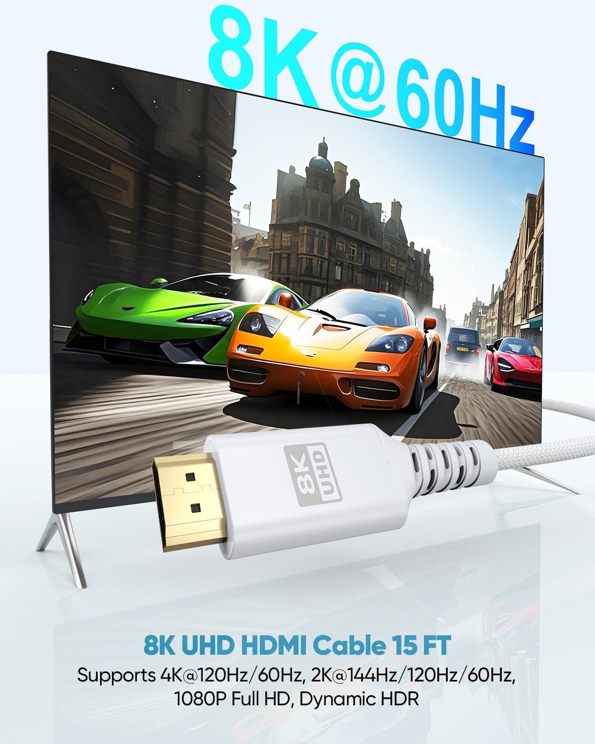 8K 15 48Gbps 2.1 8K@60Hz, 4K@120Hz, HDR10+, Dolby, 3D, HDCP2.3 Laptop/Monitor/HDTV/Soundbar/Blu-ray/PS5/Xbox White HDMI