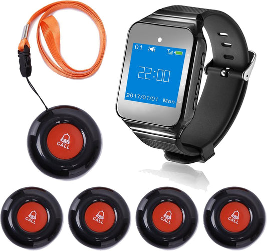 CallToU Wireless Caregiver Pager Smart Call Button Vibration System 500+ ft Nurse Call Bell Alert System for Elderly Monitoring Clinic/Medical Institution/Nursing Home 1 Wrist Receiver 5 SOS Buttons