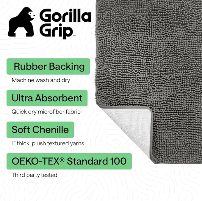 GORILLA GRIP Bath Rug Mat 48x17, Soft Absorbent Chenille, Quick Dry Microfiber Mats, Rubber Backing Washable Shower Floor Rugs, Bathmat Runner, US Designed Bathroom Home Decor Accessories Charcoal