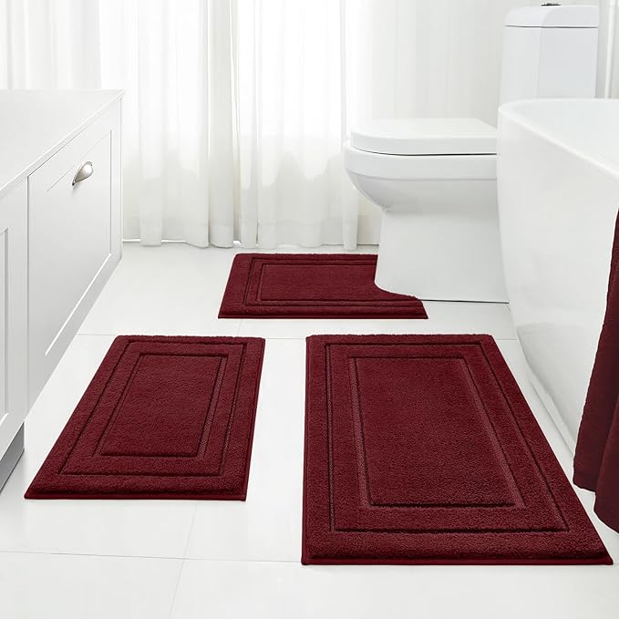 HOMEIDEAS Bathroom Rugs Sets 3 Piece, Super Soft and Absorbent Non Slip Microfiber Toilet Bath Mat with U-Shaped (Burgundy Red)