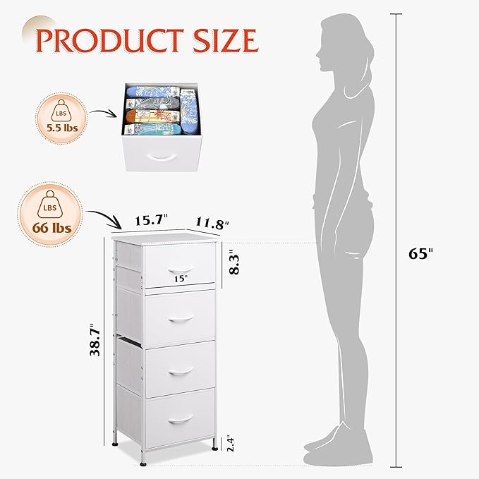 WLIVE Dresser with 4 Drawers, Storage Tower, Organizer Unit, Fabric Dresser for Bedroom, Hallway, Entryway, Closets, Sturdy Steel Frame, Wood Top, Easy Pull Handle, White