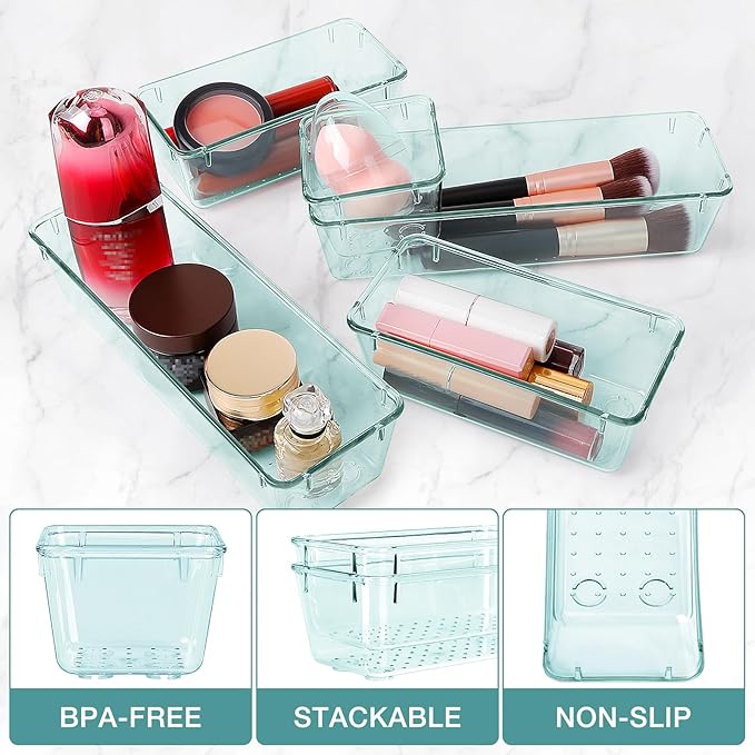23 PCS Drawer Organizer Set, 5 Varied Size Bathroom and kitchen Drawer cabinet organizer Trays, Clear Storage Bins for Makeup, Jewelry, Utensils and Gadgets