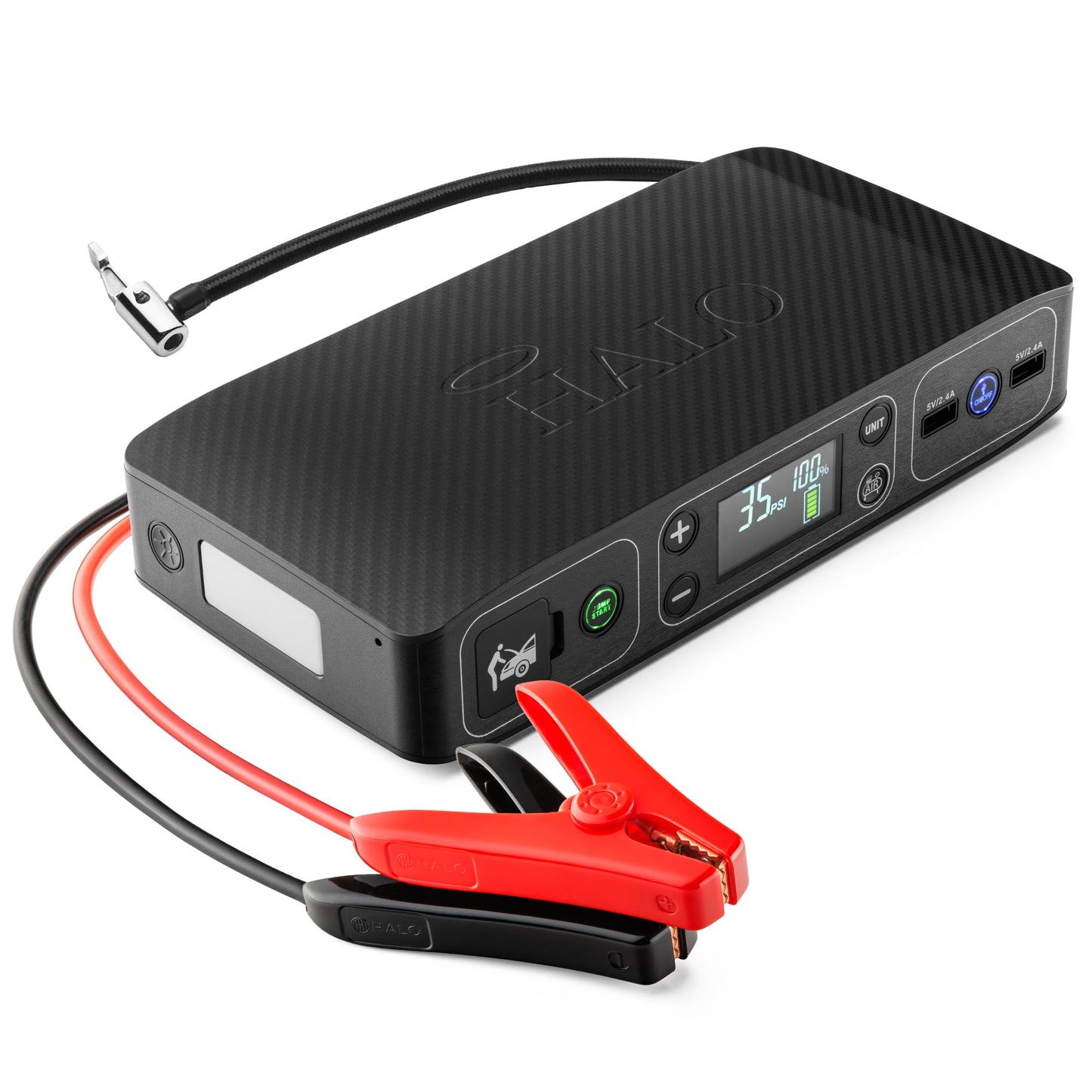 HALO Bolt Air 58830 Portable Car Battery Jump Starter | 100 PSI Air Compressor, 58.8Wh USB Power Bank, Emergency Floodlight & Charger, Jumps Cars SUVs & Trucks, Inflates Tires, TSA Approved — Black