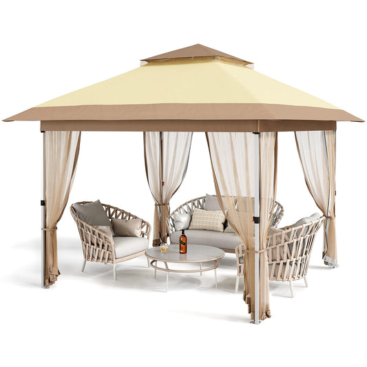 10x10 Pop Up Gazebo Tent with Mosquito Netting & Water,Resistant Oxford Canopy with Roller Bag,Instant Setup Outdoor Shelter for Backyard, Patio, Parties, Weddings, Outdoor Dining，Beige+Khaki