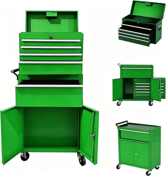 PeakPursuit Rolling Tool Chest, 5 Drawer Heavy Duty Mobile Tool Cart with Locking Wheels and Ball Bearing Slides, Garage Tool Storage Cabinet, Metal Tool Box on Wheels, Green