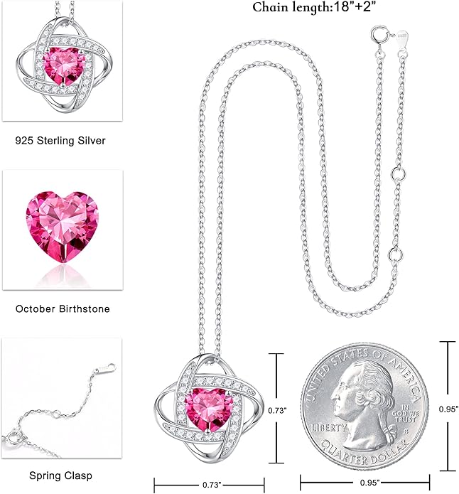 Iefil 925 Sterling Silver Love Knot Birthstone Necklace, Natural or Created Gemstone, Anniversary Birthday Gifts for Women, Jewelry Gifts for Wife Mom Girlfriend