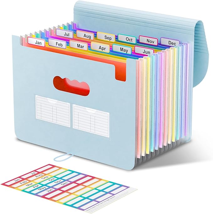 ThinkTex Accordion File Organizer, 12 - Pocket Expanding File Folders for Paper Receipts, Bill&Taxes Organizer, Letter/A4 Size Document Holder for School, Office, Home with Colorful tabs-Light Blue