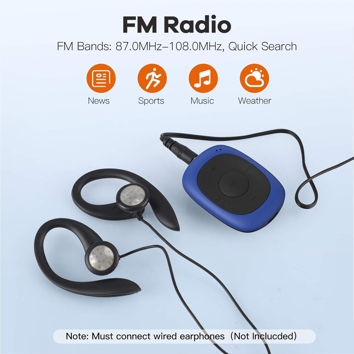 AGPTEK G02 8GB MP3 Clip Player with FM Shuffle, Portable Music Player with Sweatproof Silicone Case for Sports, Blue