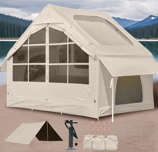 InflatableTent for Camping,4-6 Person Glamping Tent Blow Up Air Tents House Easy Setup for 4 Seasons Waterproof Oxford Family Tent with Large Tarp & Two Skylight.