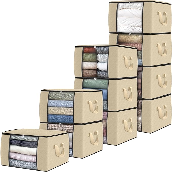 Fab totes 10 Pack Clothes Storage, Foldable Thick Fabric Blanket Storage Bags, Containers for Organizing Bedroom, Closet, Clothing, Comforter, Organization with Handle,Beige