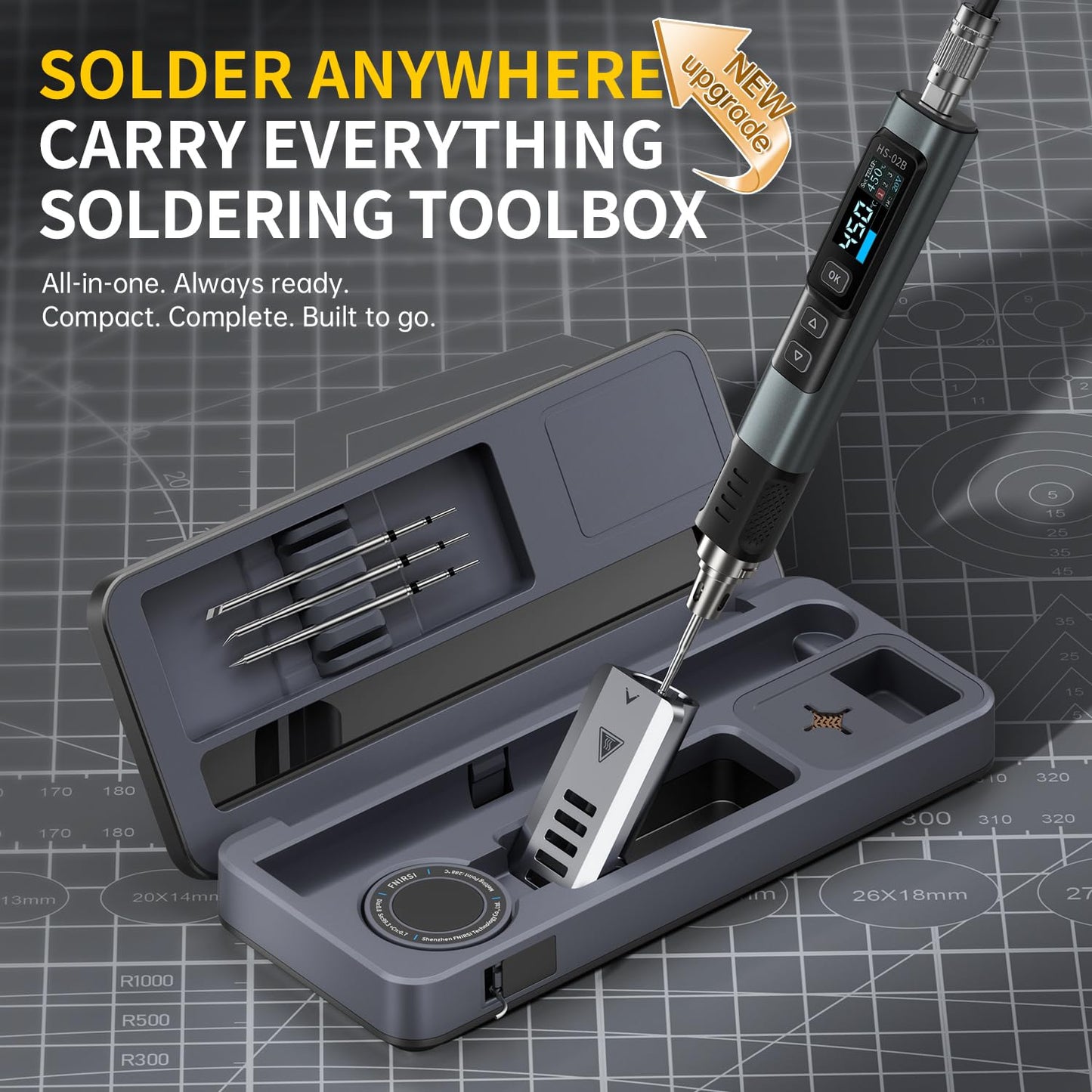 FNIRSI HS-02B 100W Portable Corded Soldering Iron Kit with Storage Case, 2S Fast Heating, 212-842℉, Pre-set 3 Groups Temperature, 3 210 Soldering Tips, Smart Soldering Iron Pen for Electronics Repair