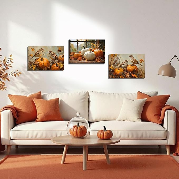 YMXDYMJSW Autumn Wall Art 3 Pieces Pumpkin with Sparrows Picture Prints Fall Harvest Birds Canvas Painting Thanksgiving Theme Artwork for Farmhouse Decor Frame (Gold,12.00" x 16.00" x 3PCS)