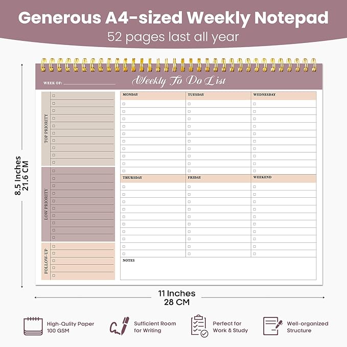 Weekly To Do List Notepad with 52 Undated Sheets（8.5"×11"）- Undated Weekly Planner Notepad for Office Desk Accessories and Supplies - Midnight Lilac