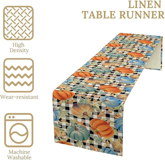 Fall Pumpkin Table Runner Black White Plaid Maple Leaves Watercolor Illustration Rustic Thanksgiving Home Decor for Farmhouse Indoor Outdoor Party Holiday Dining Kitchen Restaurant Cafe W13xL60in