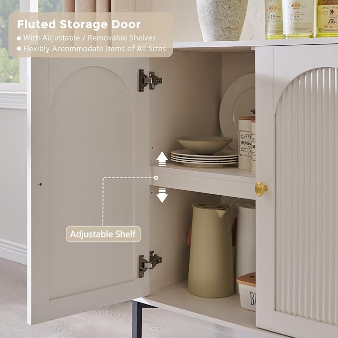 Modern Buffet Cabinet with Storage, 61.75" W Fluted Arched Sideboard Cabinet w/Adjustable Shelves, Wooden Modular Coffee Bar for Dining Room, Kitchen, Living Room, Entryway, White