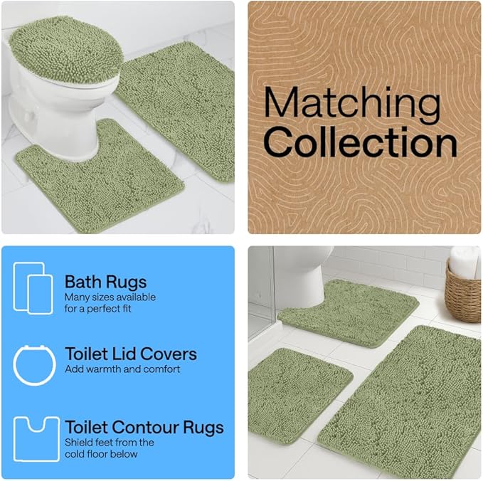 GORILLA GRIP Plush Absorbent Shaggy Chenille Bath Rug Mat for Square Toilet Base with Rubber Backing, Machine Washable Rugs, Soft Microfiber Contour Mats for Toilets, Bathroom Decor, Sage