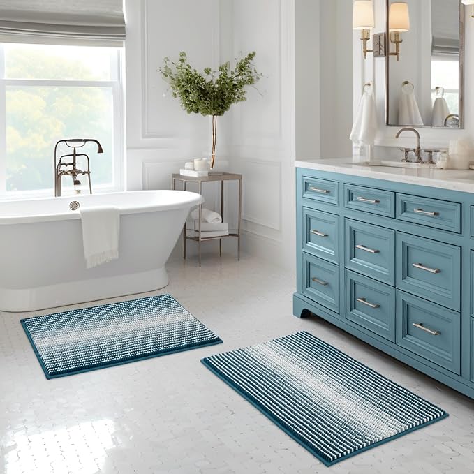 BSICPRO Bathroom Rugs and Mats Sets, 2 Piece Thick Absorbent Chenille Bath Mat Rug Set Non Slip, Soft Shaggy Bath Room Floor Mats for Bathroom, Machine Washable (Teal, 20" x 32" Plus 16" x 24")