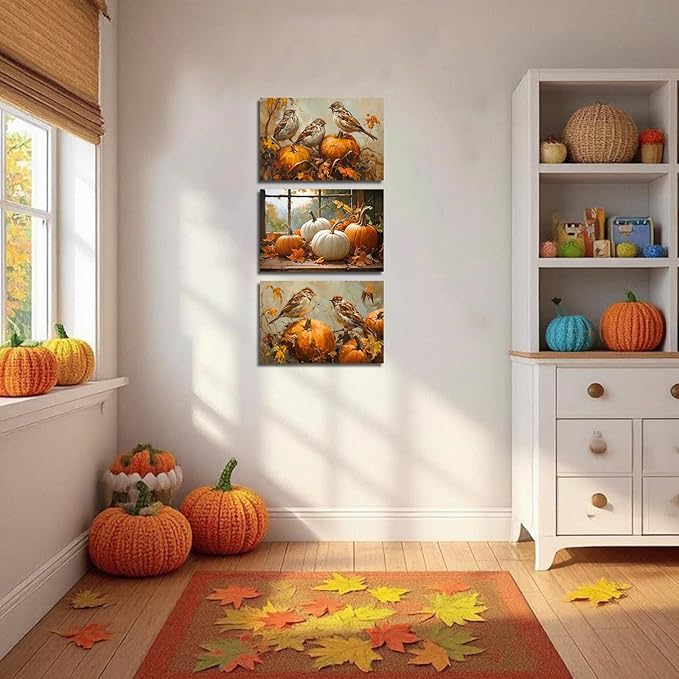 YMXDYMJSW Autumn Wall Art 3 Pieces Pumpkin with Sparrows Picture Prints Fall Harvest Birds Canvas Painting Thanksgiving Theme Artwork for Farmhouse Decor Frame (Gold,12.00" x 16.00" x 3PCS)