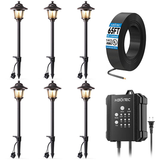 HIBOITEC All-in-One Low Voltage Pathway Lighting Kit, 3W 150LM LED 2700K Pathway Lights with Transformer and 65FT 14/2 AWG ETL Wire, Waterproof Outdoor Path Lights for Pathway Yard Garden, 6 Pack