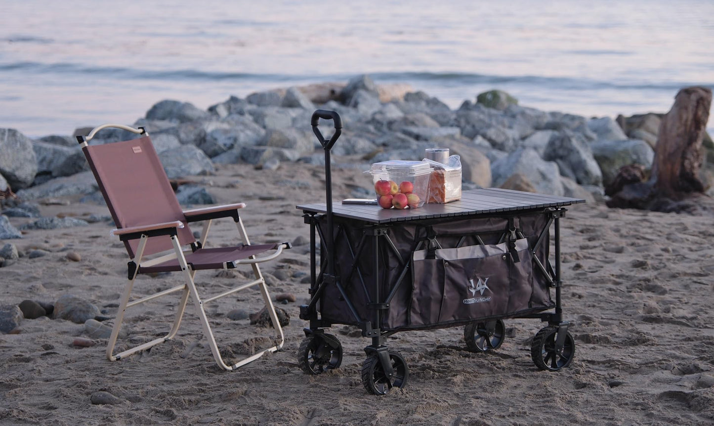 Whitsunday Folding Collapsible Utility Wagon, 400Lbs Heavy Duty Outdoor Park Beach Wagon with Table and Side Pocket for Garden Camping Sports Shopping Purple