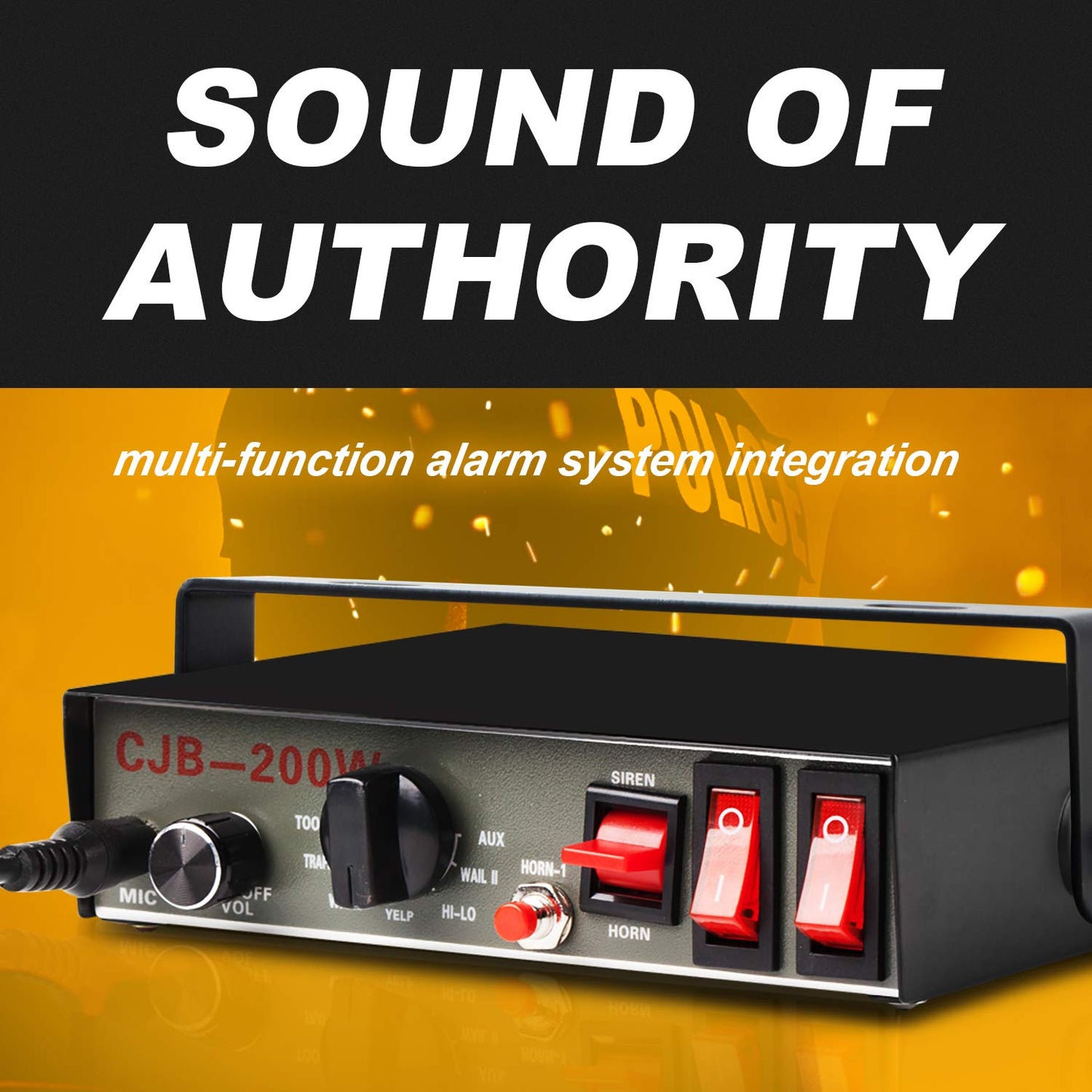 YHAAVALE CJB200P Amplifier Police Siren & Black Plastic Square Speaker,DC12V 200W 9 Tones Wired Handheld Microphone Loudspeaker Emergency Siren Electronic PA System