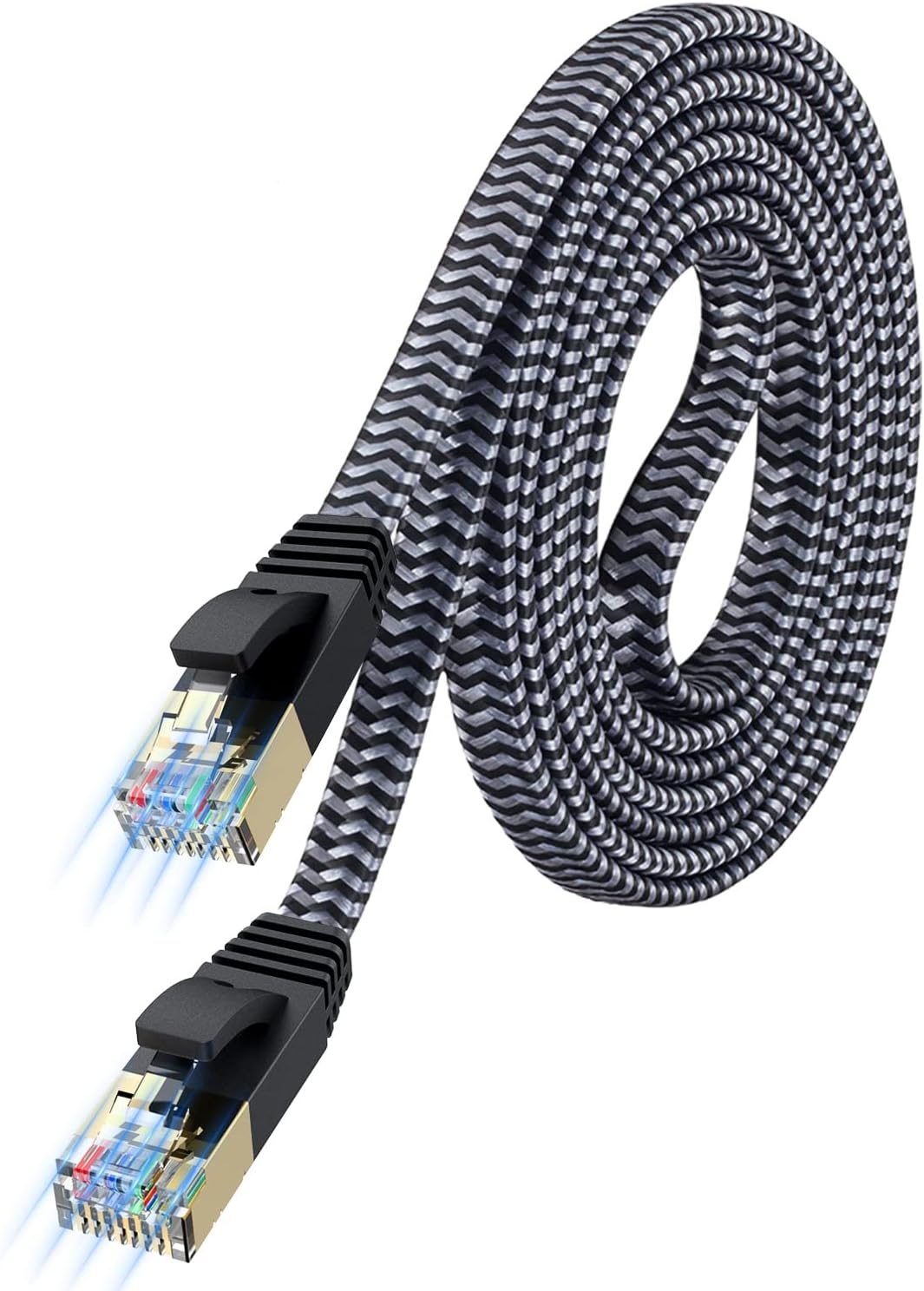 7 5ft 10Gbps Cat Ethernet Cable High-Speed, Premium Braided Flat Design for Gaming, Streaming, Home and Office