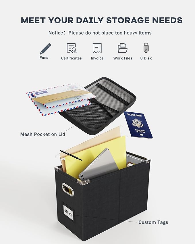 Oterri File Organizer Box with Lid, Hanging Filing File Box with Mesh Pocket, Document Organizer Box for Letter Files, Portable Storage Box with Smooth Sliding Rail for Office&Home (1 PCS, Black)