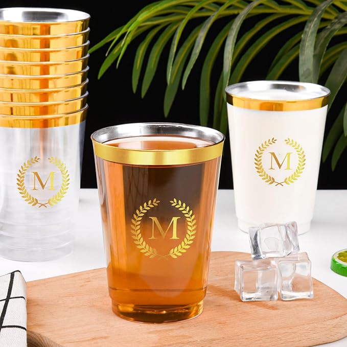 100 Pieces Monogrammed Plastic Cups Gold Foil Letter M Disposable Cups 12 oz Clear Initial Party Cups for Wedding Birthday Baby Shower Personalized Party Drinkware