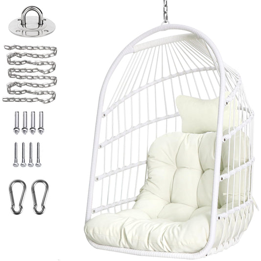 Chihee Egg Chair Foldable Wicker Rattan Hanging Swing Chairs Indoor Outdoor Patio Wicker Chair Hammock Chair with Stainless Steel Hanging Kit Chain Link UV Resistant Cushion Bedroom Balcony