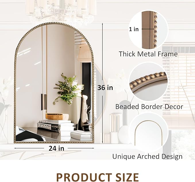 Antique Gold 24"x36" Arched Wall Mirror with Metal Beaded Frame - Decorative Accent Wall Mirror for Bathroom, Bedroom, Living Room, Entryway