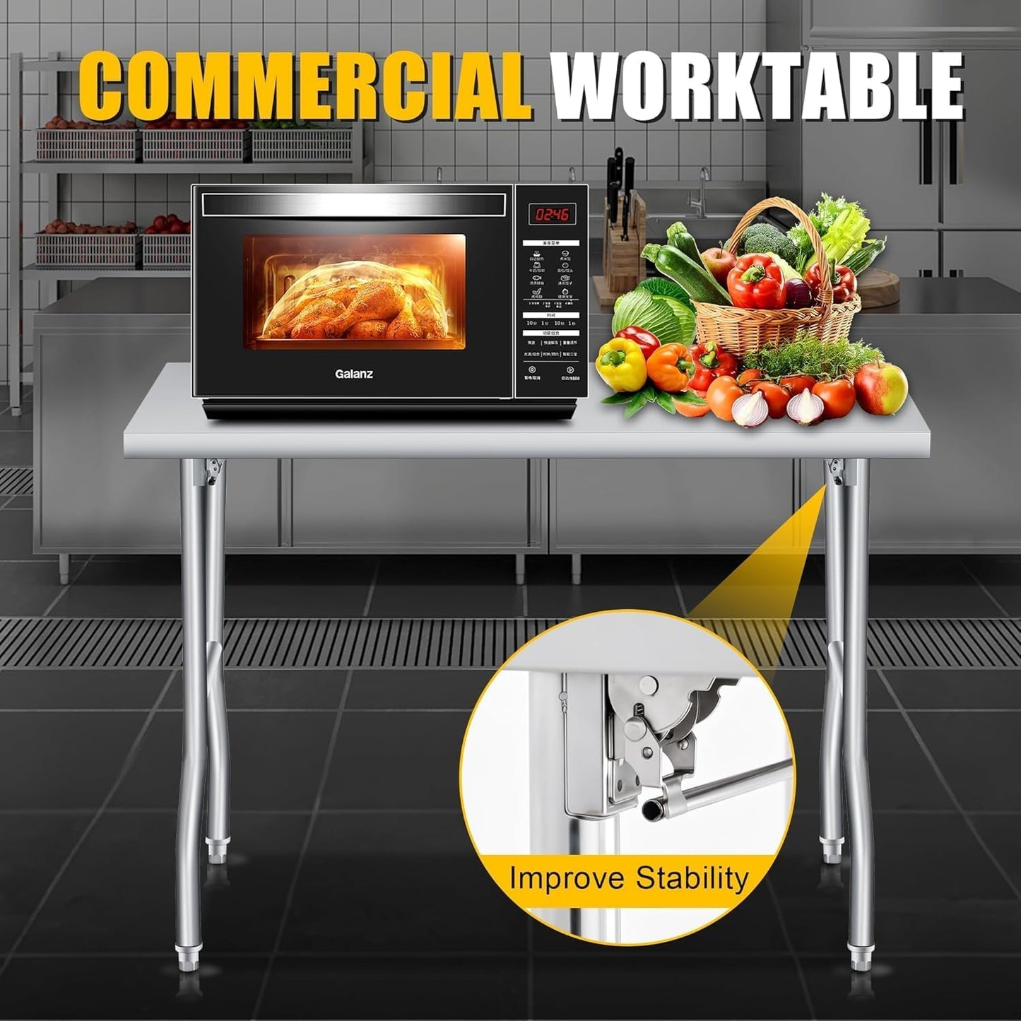 GAOMON Stainless Steel Foldable Table, 48x24 Inch Industrial Workbench, 1100 LBS Capacity Portable Utility Table for Workshop, Warehouse and Garage, Heavy Duty