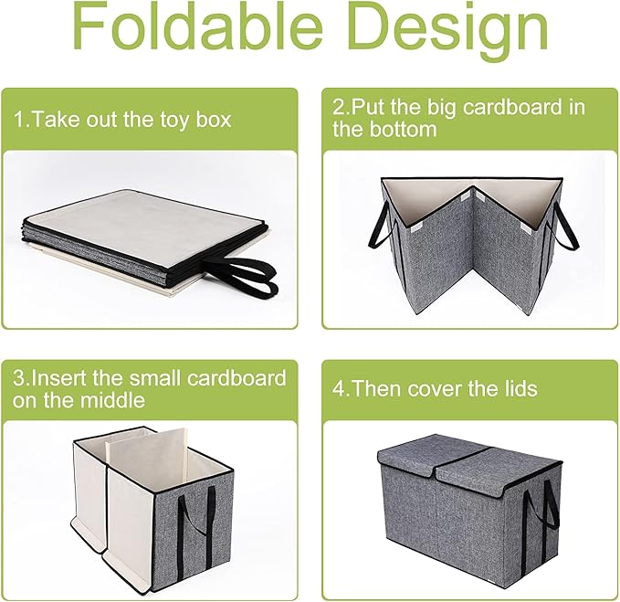 Large Kids Toy Box Chest Storage organizer with Double Flip-Top Lid - Collapsible Sturdy Toy Organizers And Storage Bins With Big Handles For Nursery, Playroom, 26.8"x13.8"x16"(Grey)