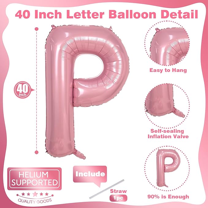 Giant Letter P Foil Name Balloon, Pastel Pink Inflatable Word Balloons P Alphabet Birthday Decor, 40 Inch Baby Pink A-Z Custom Letter Balloon for Girls Baby Shower Party Decoration Supplies