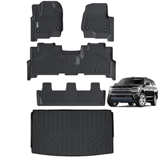 SANBAN-AXE Floor Mats & Trunk mat for 2018-2024 Ford Expedition MAX (Only Fit 8 Seats) (2 Row Bench Seat),TPE All Weather Protection 3 Rows Car Floor Liners with Cargo Liners Accessories