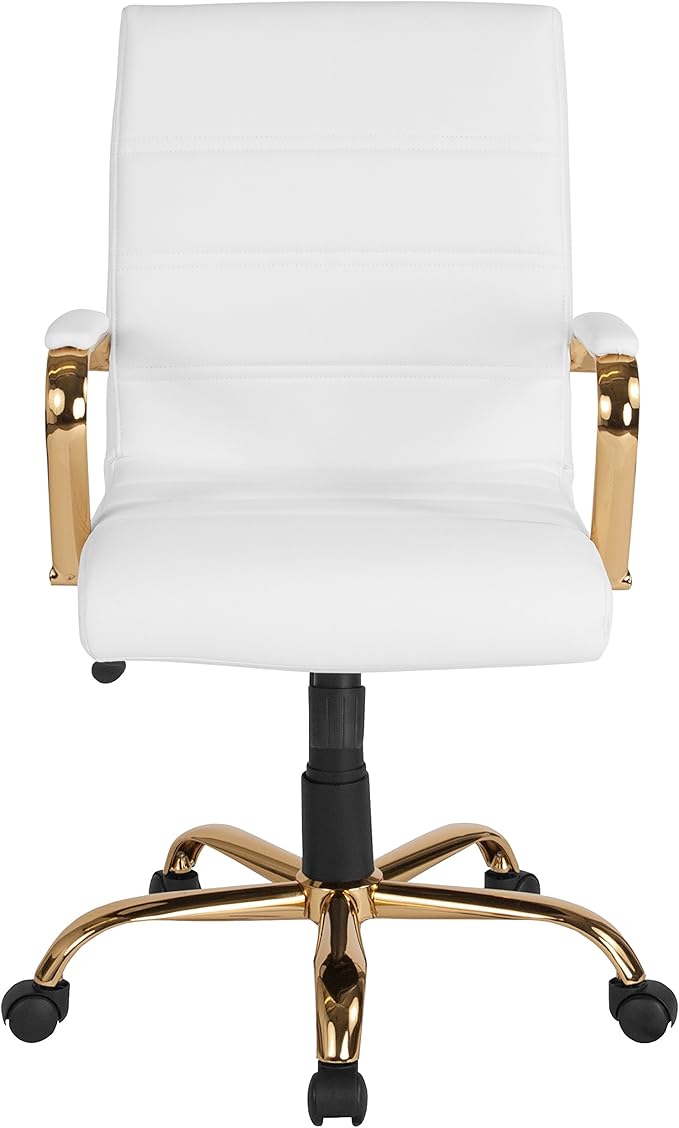Flash Furniture Whitney Mid-Back Swivel LeatherSoft Desk Chair with Padded Seat and Armrests, Adjustable Height Padded Office Chair, White/Gold