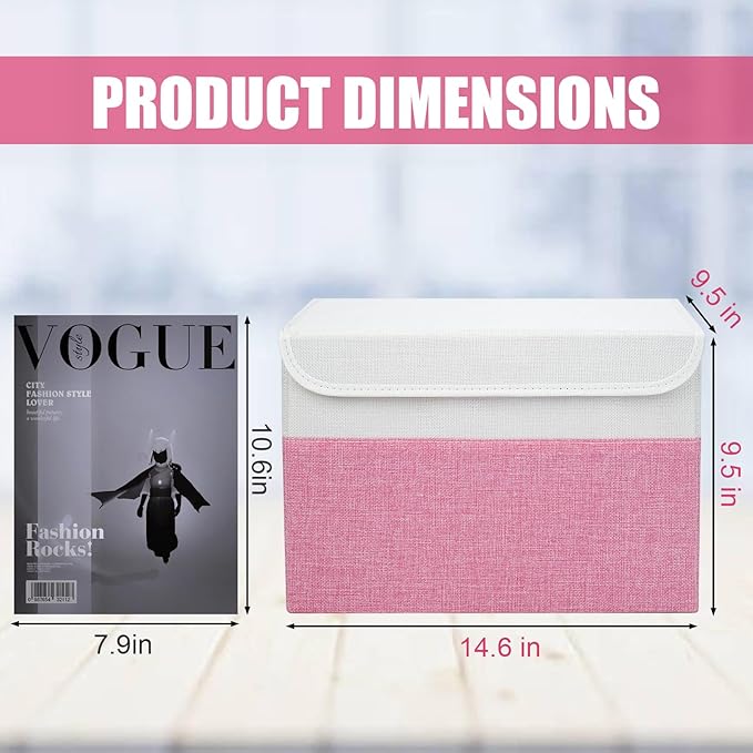 Large 22 Quart Linen Fabric Foldable Storage Bin Cube Organizer Basket with Flip-Top Lid & Handles, Clothes Blanket Box for Home, Office, Closet, Pink & White, 4 Pack 14.6 x 9.5 x 9.5