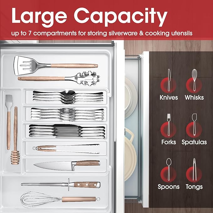 Aujen Silverware Organizer - Expandable Kitchen Drawer Organizer, Adjustable Utensil Organizer, Cutlery Tray for Forks, Knives, Multipurpose Kitchen Organizers and Storage Solution, White, Large