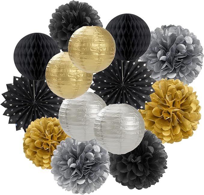 Black Gold Silver Party-Decorations Streamers-Lanterns - 14pcs Graduation 2025 Paper Fan,Tissue Flower Pom Poms Streamers,Honeycomb Balls,Men Birthday Wedding Baby Bridal Shower Decor Ouruola