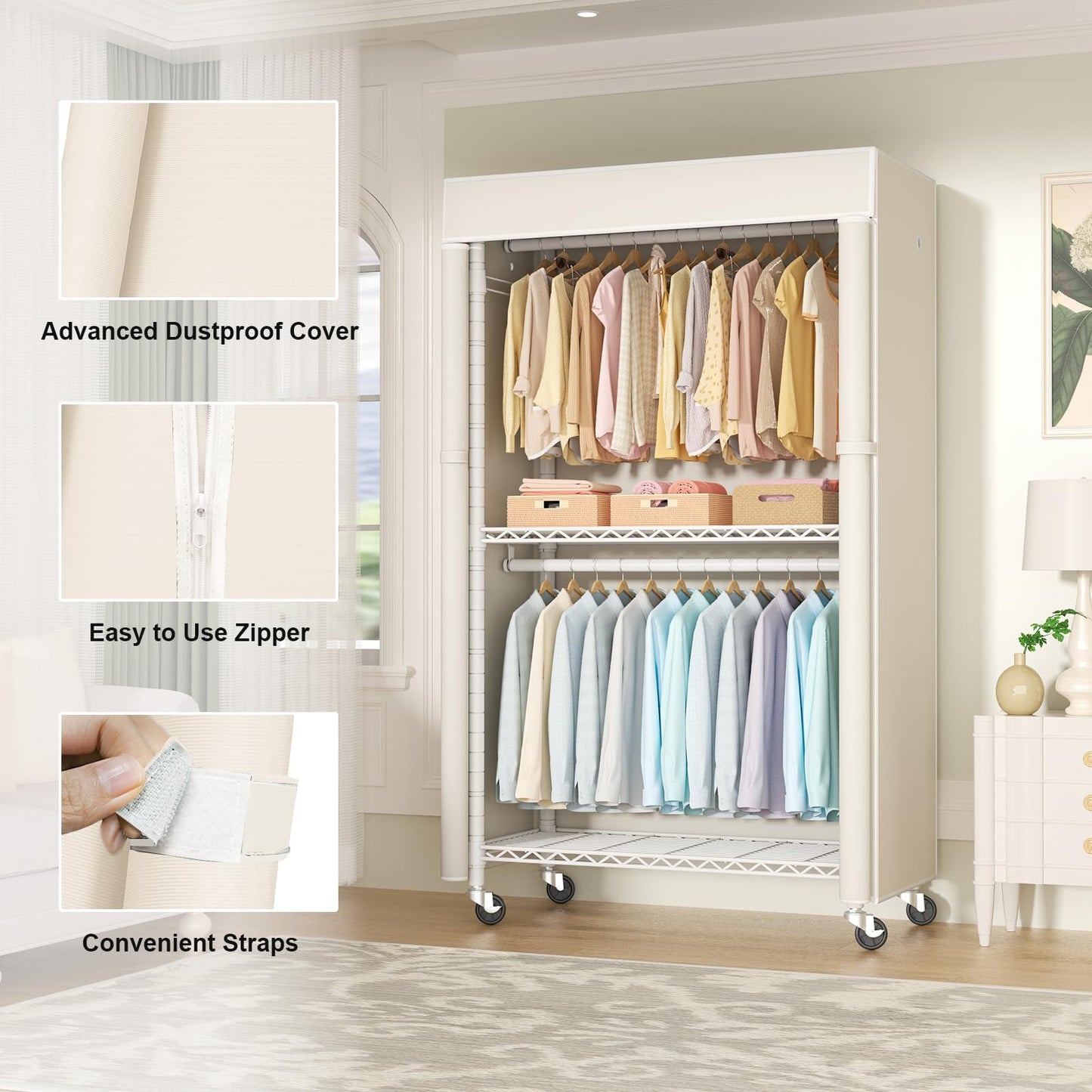 FUTASSI White Clothing Rack with Beige Cover, P1C Rolling Closets with Wheels, Metal Garment Rack for Hanging Clothes, Clothing Storage Wardrobe, 36.2" W x 16.5" D x 80.5" H, Load 450 Pounds