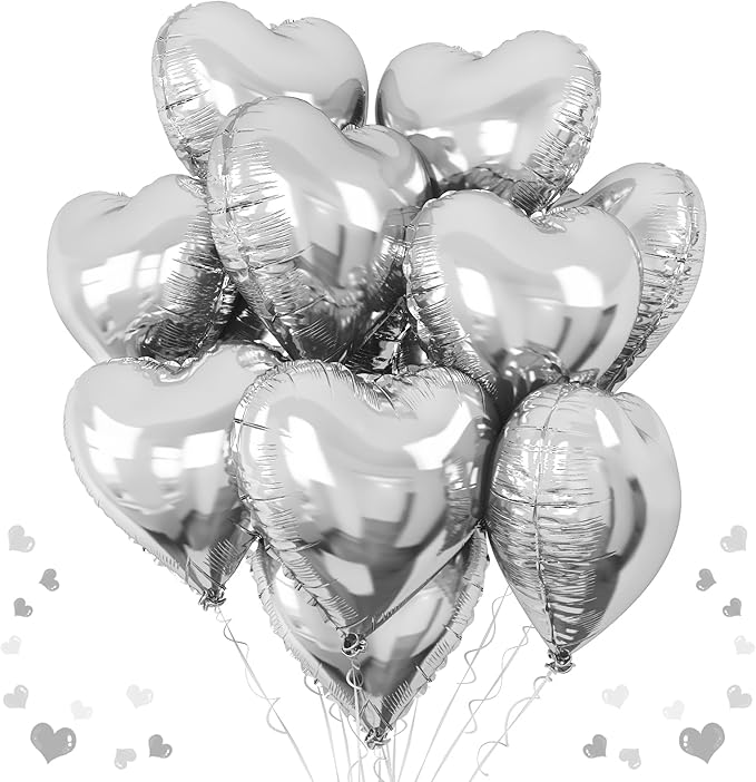 Silver Heart Foil Balloons, 10PCS 18Inch Mylar Balloons for Birthday, Valentine, Wedding, Baby, Graduation, New Year Party Decor