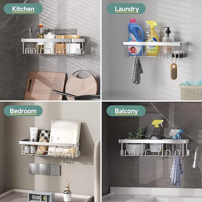 Veken Adhesive Shower Caddy 5-Pack,Heavy Weight Bearing,Large Wall Mounted Shower Shelves Rack,Organizer Storage Accessories with Soap Dish&Toothbrush Holder,Ideal for Bathroom,Home&Kitchen,Silver