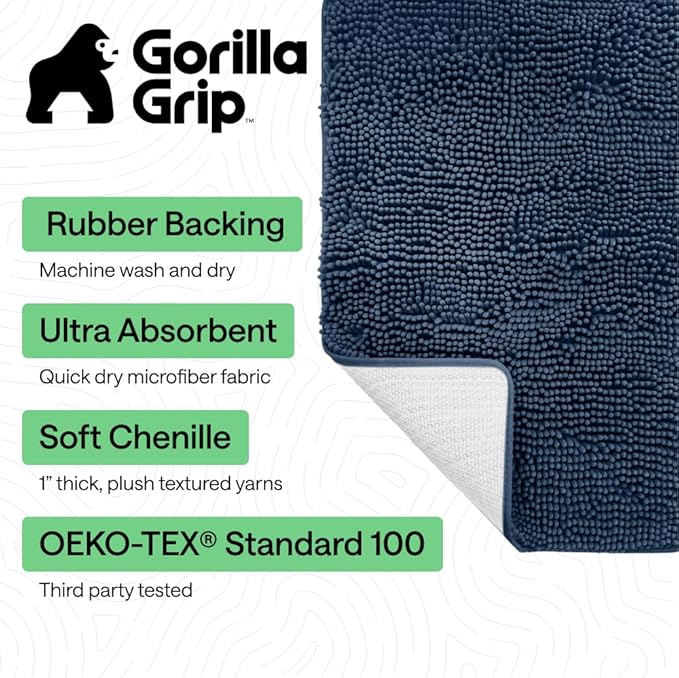 GORILLA GRIP Bath Rug Mat 36x24, Soft Absorbent Chenille, Quick Dry Microfiber Mats, Rubber Backing Washable Shower Floor Rugs, Bathmat Runner, US Designed Bathroom Home Decor Accessories Navy Blue