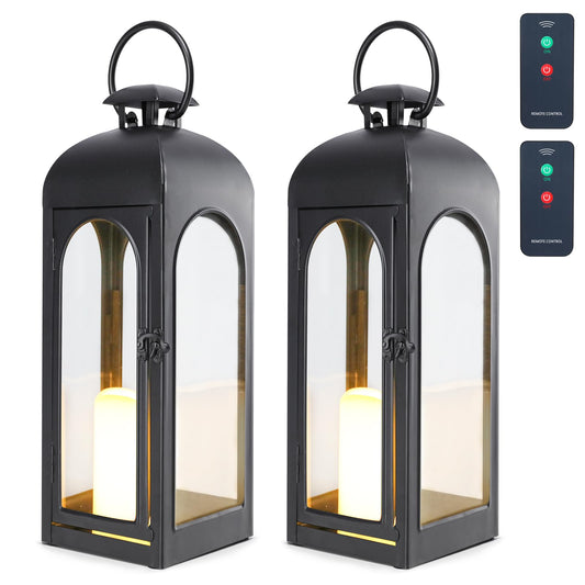 Bdor 2 Pack 20 Inches Metal and Tempered Glass Decorative Lantern with Electronic Wax Effect - Indoor/Outdoor Decorative Lighting, Handcrafted Aesthetic, Perfect for Home, Parties, and Holiday Decor