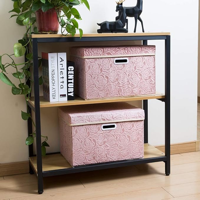 PRANDOM Larger Collapsible Storage Boxes with Lids Fabric Decorative Bins Cubes Organizer Containers Baskets Handles Divider for Bedroom Closet Living Room Pink 17.7x11.8x11.8 Inch 3 Pack