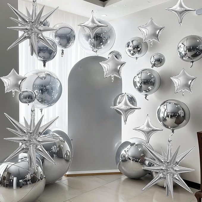 Silver Star Balloon,16Pcs Star Foil Balloons Set with 22Inch Explosion Spike Cone Balloons and 10Inch Quadrangle Helium Balloon for Birthday Wedding Baby Shower Party Decorations