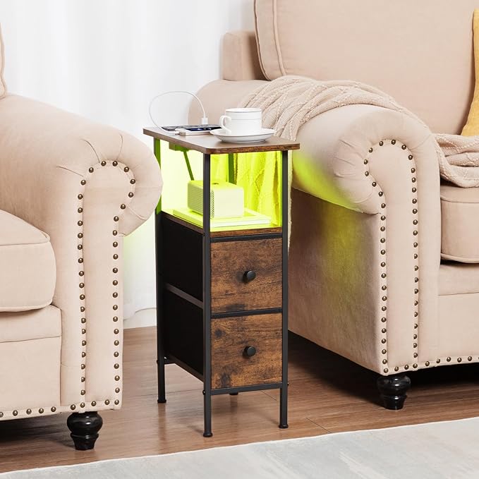 Narrow Nightstand with Charging Station, End Tables Living Room Set of 2, Skinny Side Table with Fabric Drawers, Small Sofa Table with LED Light for Bedroom, Brown, HETNDP02LBR